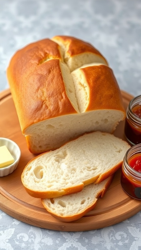 Homemade Japanese Milk Bread Recipe A golden loaf of Japanese milk bread with fluffy texture, sliced to show the airy crumb, on a wooden board with butter and jam.